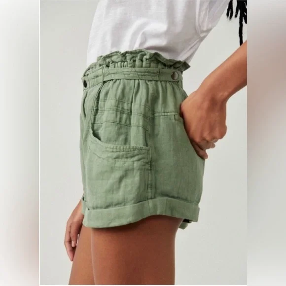 FREE PEOPLE OIL GREEN LINEN - COTTON BLEND SHORTS NWT